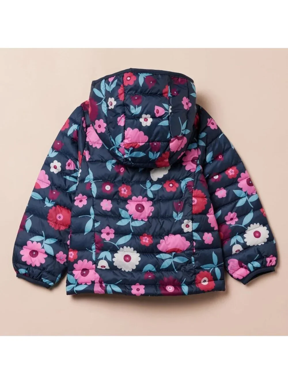 Kids Girls Navy Floral Nylon Lightweight Packable Hooded Stylish Puffer Jacket
